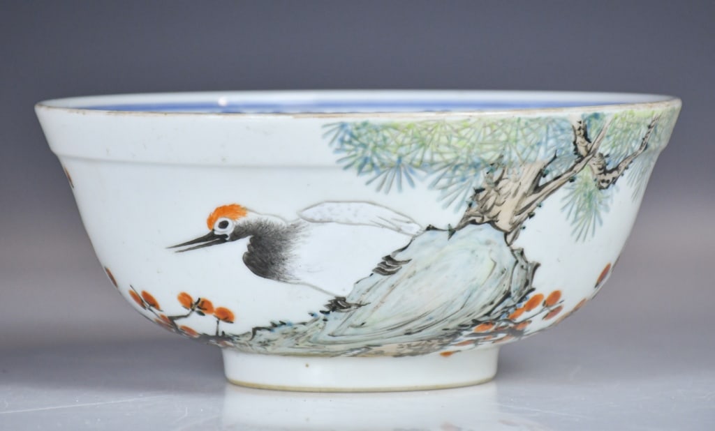 A Blue & White & Famille Rose Bowl Guangxu Mk: Of rounded form rising from a short foot ring, the interior decorated with scrolling lotus motifs, the exterior with a crane beneath pine branches, accompanied by rockwork, fruiting branches and a bat