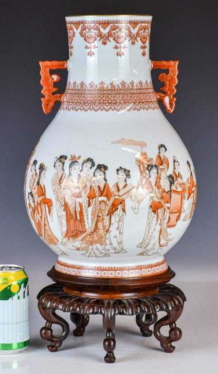 An Iron-Red & Grisaille Figural Vase w/Mk 1950-70s: Of Hu form, with handles flanked by the neck, the body is exquisitely painted with a continuous narrative scene depicting a scene from the Dream of the Red Chamber. Four-character Qianlong mark at the
