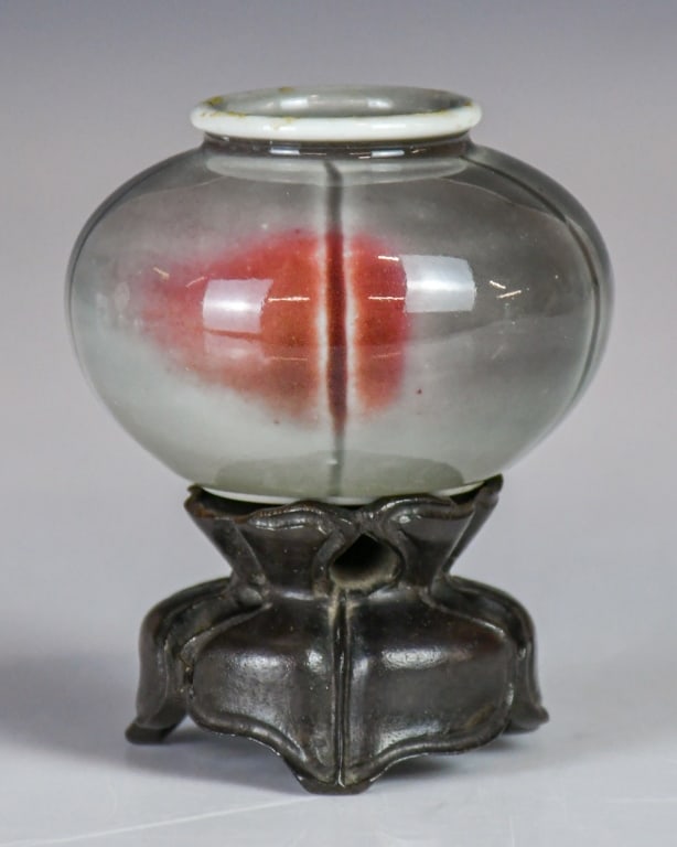 Copper-Red Splashed Water Pot XuanDe Mk w/Std Qing: The compressed globular body is molded with vertical ribs mimicking a melon form. The exterior is covered in a thick, satin-matte celadon-gray glaze with a red splash. Six-character XuanDe mark at the