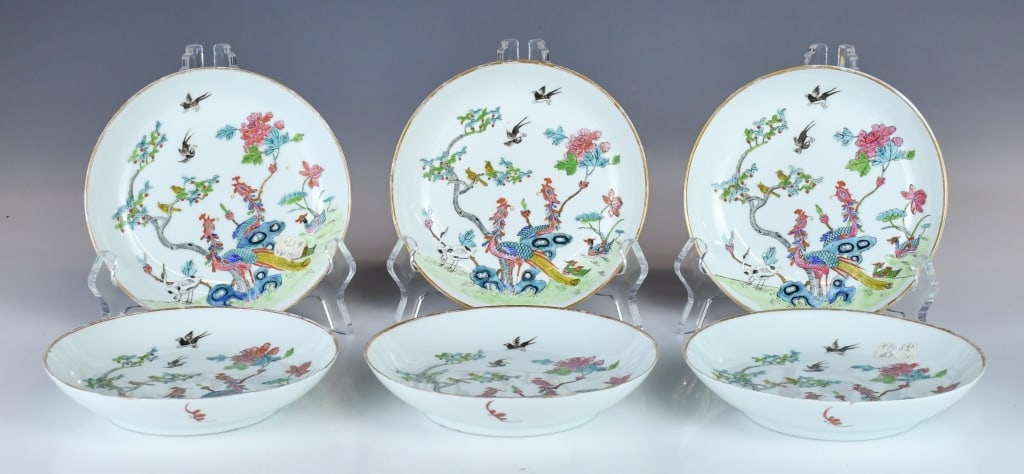 S/4 Famille Rose Dishes Xianfeng Mk & Period: Each painted with floral branch and bird scene interior, four-character Xianfeng mark at the bottom, each D:15.5cm 咸豐 粉彩花鳥紋碟一組6
