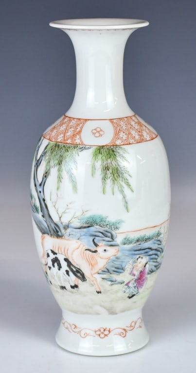 A Famille Rose Vase Qianlong Mk Republican: The ovoid body rising to a slender, flaring neck and a wide, everted rim, supported on a short, slightly spreading foot. The exterior painted with a pastoral scene depicting a young herd boy clad in t
