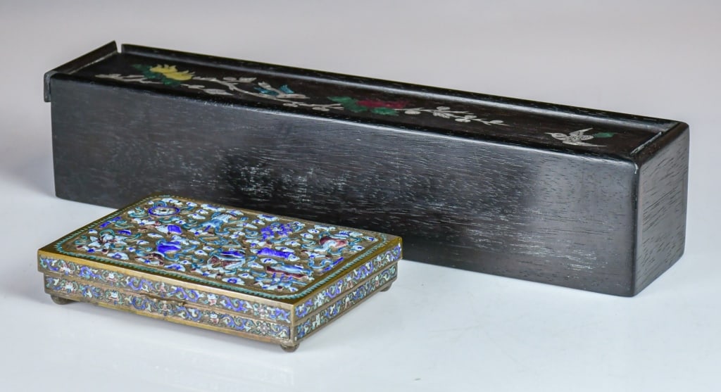 Group of 2 Scholar's Desk Boxes Republican: Comprising a mother-of-pearl inlaid wood box: 38x7.8x8cm; and a enameled silver box:16.2x11.7x2.5cm 民國