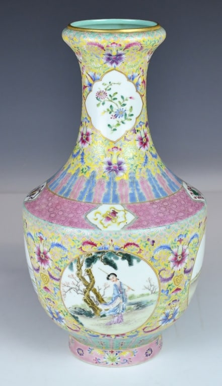 A Famille Rose Medallion Bottle Vase w/Mk Republic: The vase enamelled around the exterior in a vibrant palette of the famille-rose spectrum. The central focus features large circular medallions, each delicately painted with scene of elegant lady in a