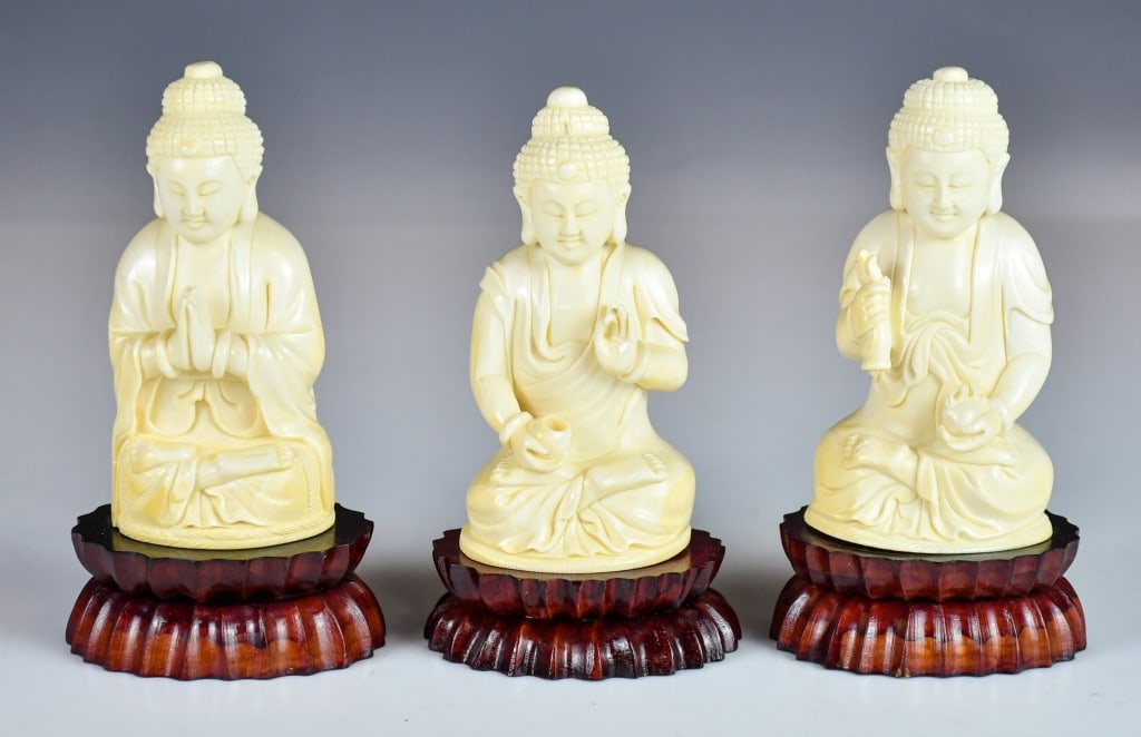 Set of 3 Bone-Carved Buddhas w/Std 20thC (1 of 13)
