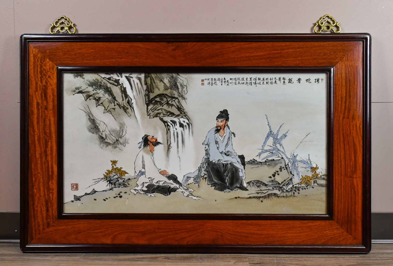 Luo XiaoYong (20thC) Famille Rose Porcelain Plaque: A famille rose porcelain plaque hanging screen, wood framed, depicted The Snake Catcher story scene, with artist's inscription, signature and mark, the frame size:106.2x67cm; plaque size:80.3x42.8cm &