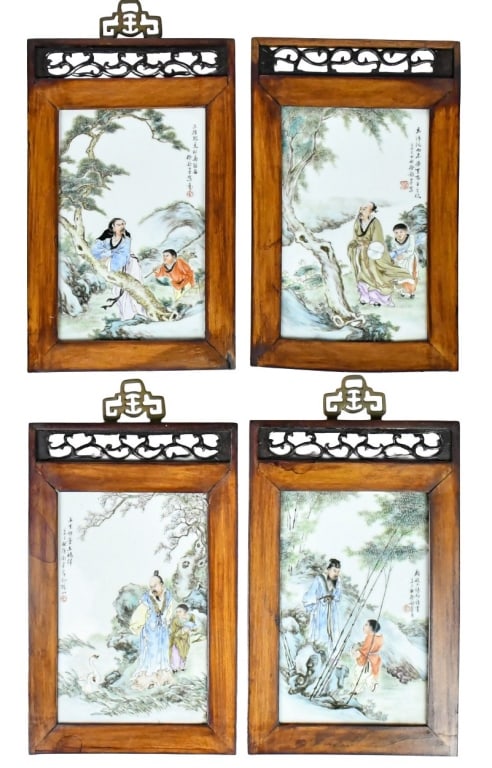 Xu YunQuan (Republican) 4Pcs Set Plaques: Of rectangular shape, each painted with figural story scene, with artist's signature. Each plaque size:12x19cm each; frame size: 17.3x27.5cm each 徐韵泉 (民國) 粉&#