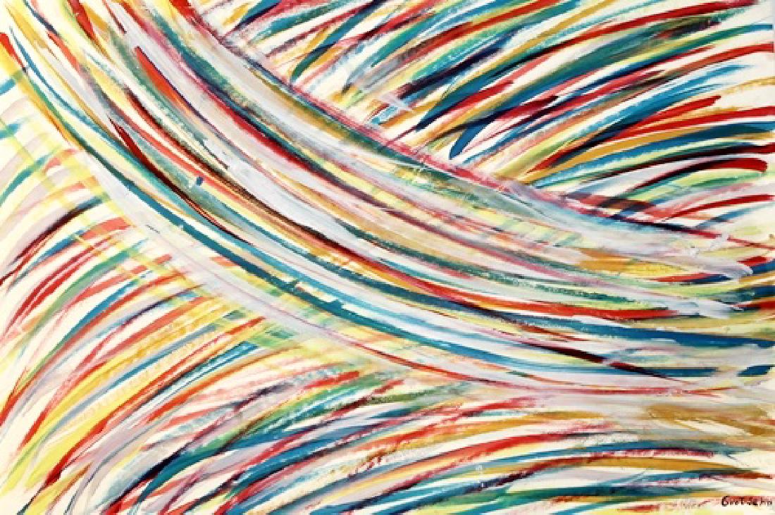 The River - Mark Grotjahn - Oil On Paper: Oil on paper attributed to Mark Grotjahn "The River" approx. 19x13 in. Mark Grotjahn is an American painter best known for abstract work and bold geometric paintings.
