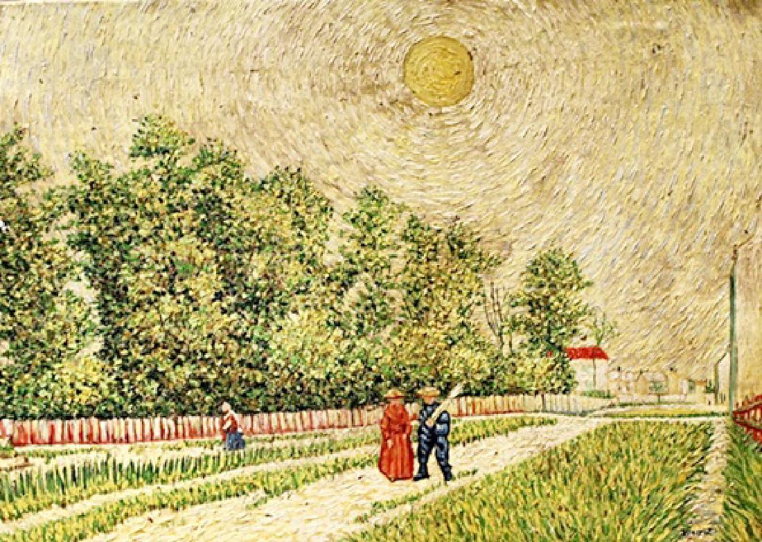 Vincent Van Gogh - Road To The Farm - Oil On Canvas: Oil on canvas in the manner of Vincent Van Gogh. Approx. 27X19 in. Vincent Willem van Gogh was a Dutch Post-Impressionist painter who is among the most famous and influential figures in the history of
