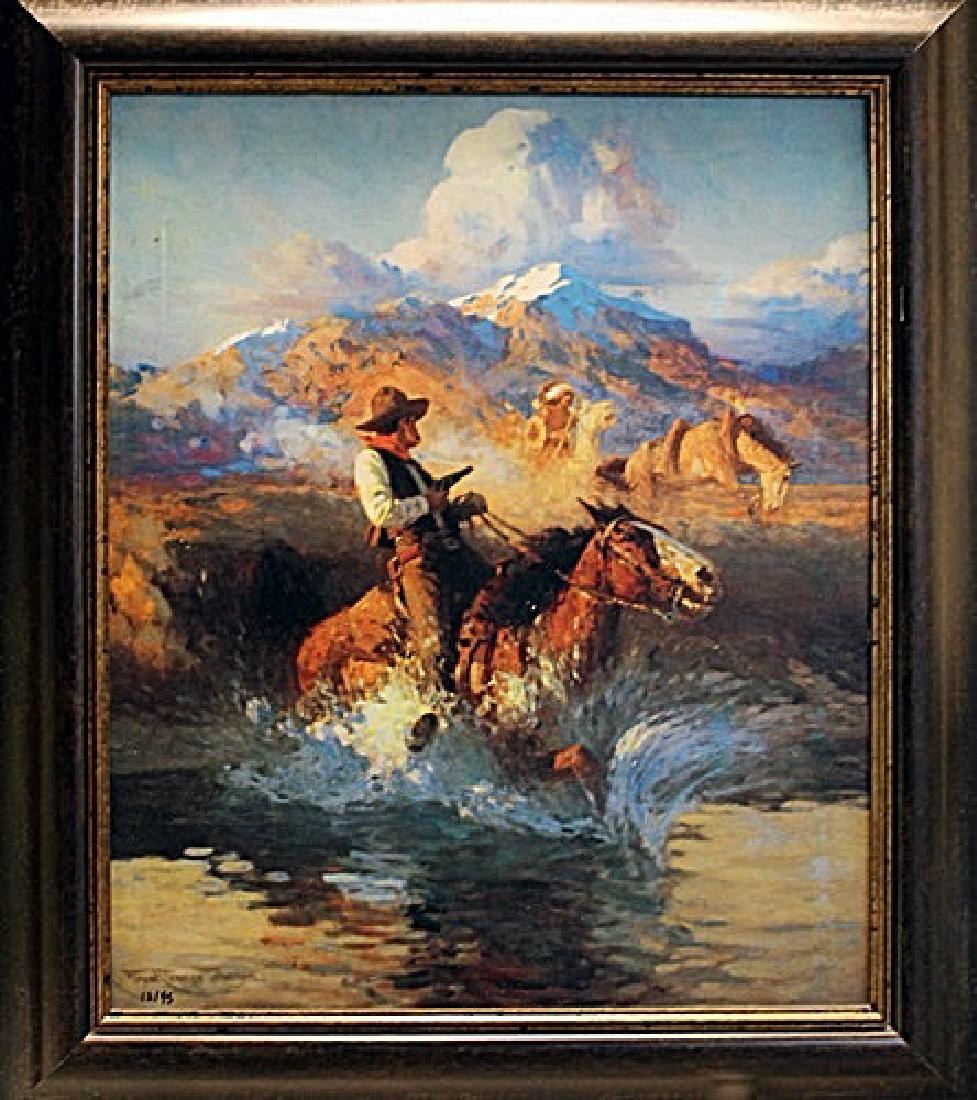 Framed Giclee On Canvas "Trouble On The Pony Express": Framed Giclee On Canvas "Trouble On The Pony Express" in the manner of Frank T. Johnson. Frank Tenney Johnson was a painter of the Old American West, and he popularized a style of painting cowboys whi