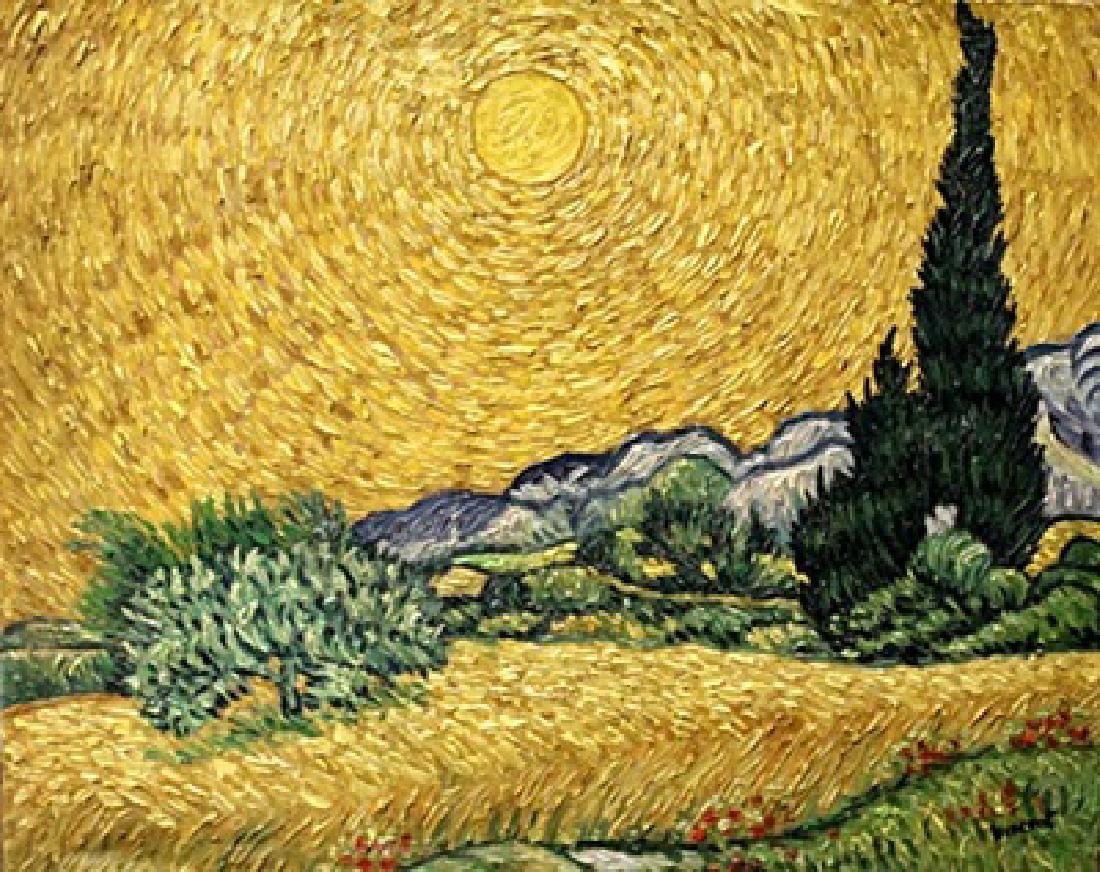 Vincent Van Gogh - Wheat Field Cypresses - Oil On: Oil on canvas in the manner of Vincent Van Gogh. Approx. 16x20 in. Vincent Willem van Gogh was a Dutch Post-Impressionist painter who is among the most famous and influential figures in the history of