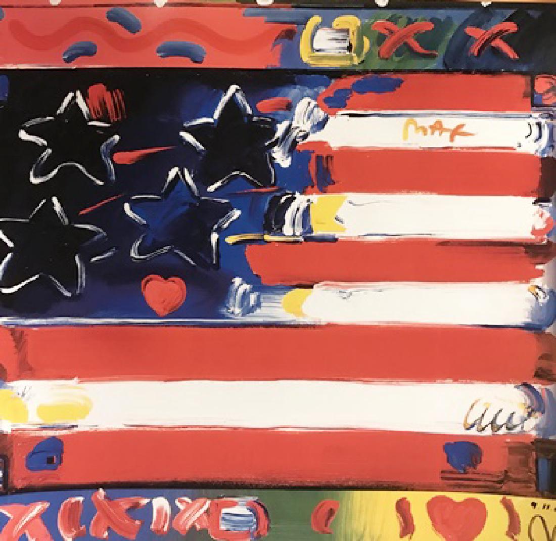 Peter Max Signed Lithograph - America 2000: Peter Max Signed Lithograph "America 2000". Max’s “Flag With Heart” painting welcomes a new millennium for America, with the hope that the nation’s ideals of freedom and liberty can prevail an