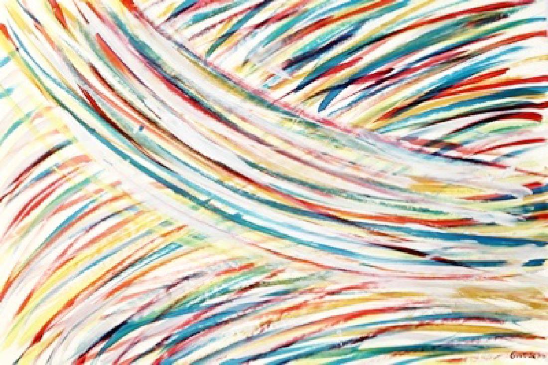 The River - Mark Grotjahn - Oil On Paper: Oil on paper attributed to Mark Grotjahn "The River" approx. 19x13 in. Mark Grotjahn is an American painter best known for abstract work and bold geometric paintings.