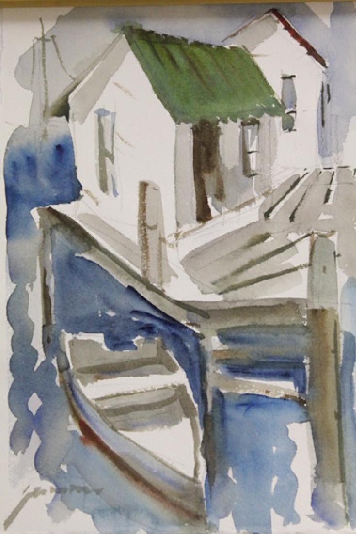 "STILT HOUSE" BY MICHAEL SCHOFIELD: ORIGINAL WATERCOLOR ON PAPER, IMAGE SIZE: 8X11.5". Schofield was born in Florida 1947, but his family moved to California that same year. He began to paint and study watercolor in high school. Like mo