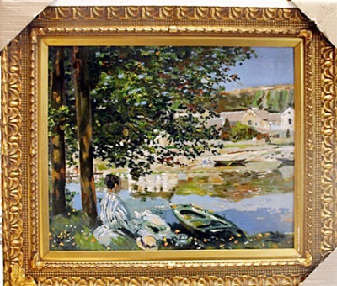 Framed Giclee On Canvas "The River" Claude Monet: Framed Embellished Giclee On Canvas "The River" in the manner of Claude Monet. Oscar-Claude Monet was a founder of French Impressionist painting, and the most consistent and prolific practitioner of t