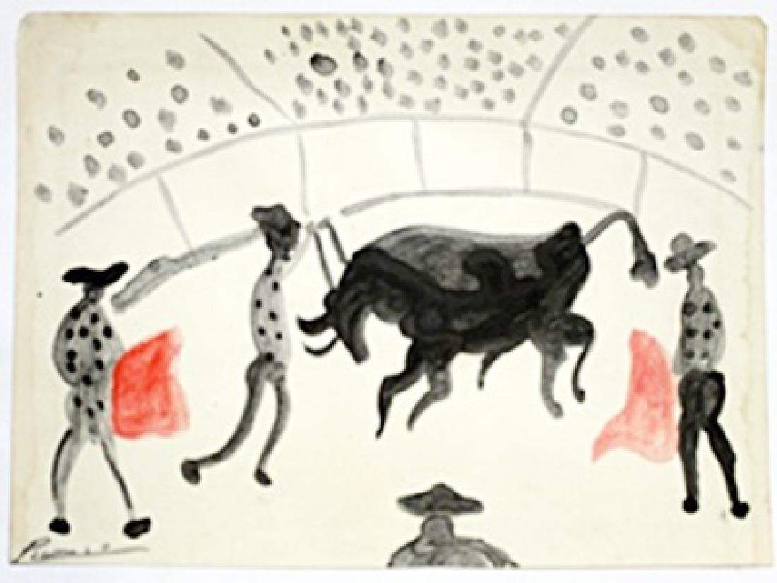 Los Toreros - Pablo Picasso: Oil Painting on Paper in the manner of Pablo Picasso, bearing a signature, Size Approx. 11 x 8 In