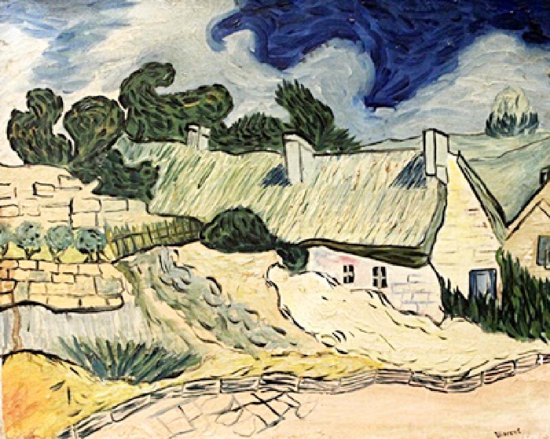 Vincent Van Gogh - Farm Near Auvers - Oil On Canvas: Oil on canvas in the manner of Vincent Van Gogh. Approx. 16x20 in. Vincent Willem van Gogh was a Dutch Post-Impressionist painter who is among the most famous and influential figures in the history of