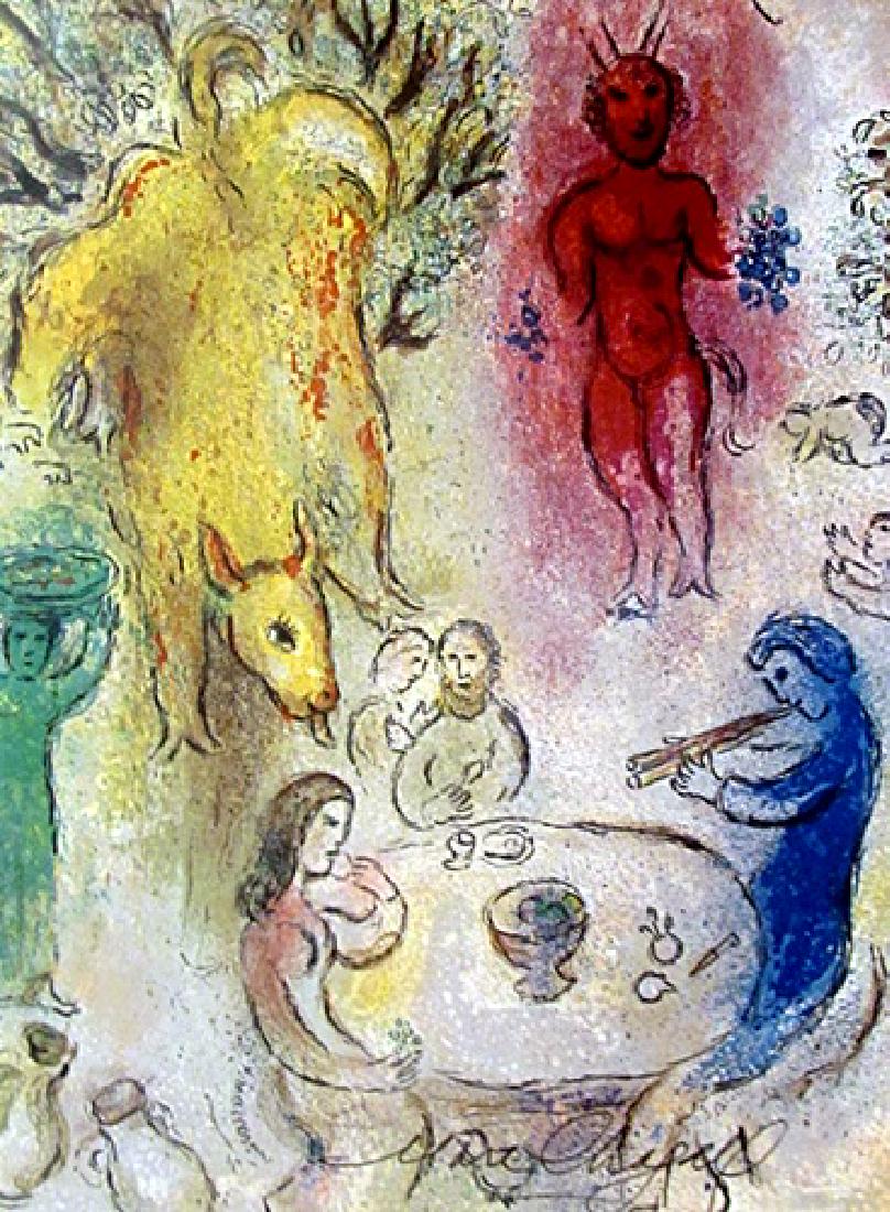 Marc Chagall lithograph - The feast with Pan: Signed lithograph by Marc Chagall. Marc Zakharovich Chagall was a Russian-French artist of Belarusian Jewish origin. An early modernist, he was associated with several major artistic styles and create