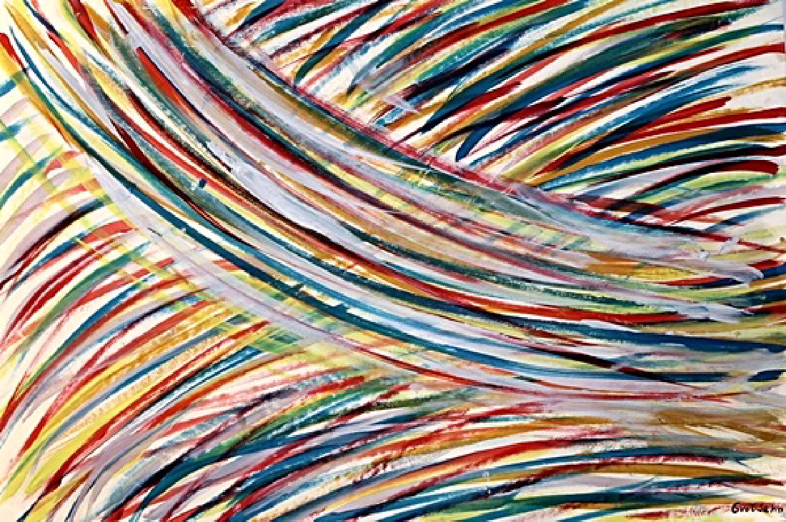 The River - Mark Grotjahn - Oil On Paper: Oil on paper attributed to Mark Grotjahn "The River" approx. 19x13 in. Mark Grotjahn is an American painter best known for abstract work and bold geometric paintings.
