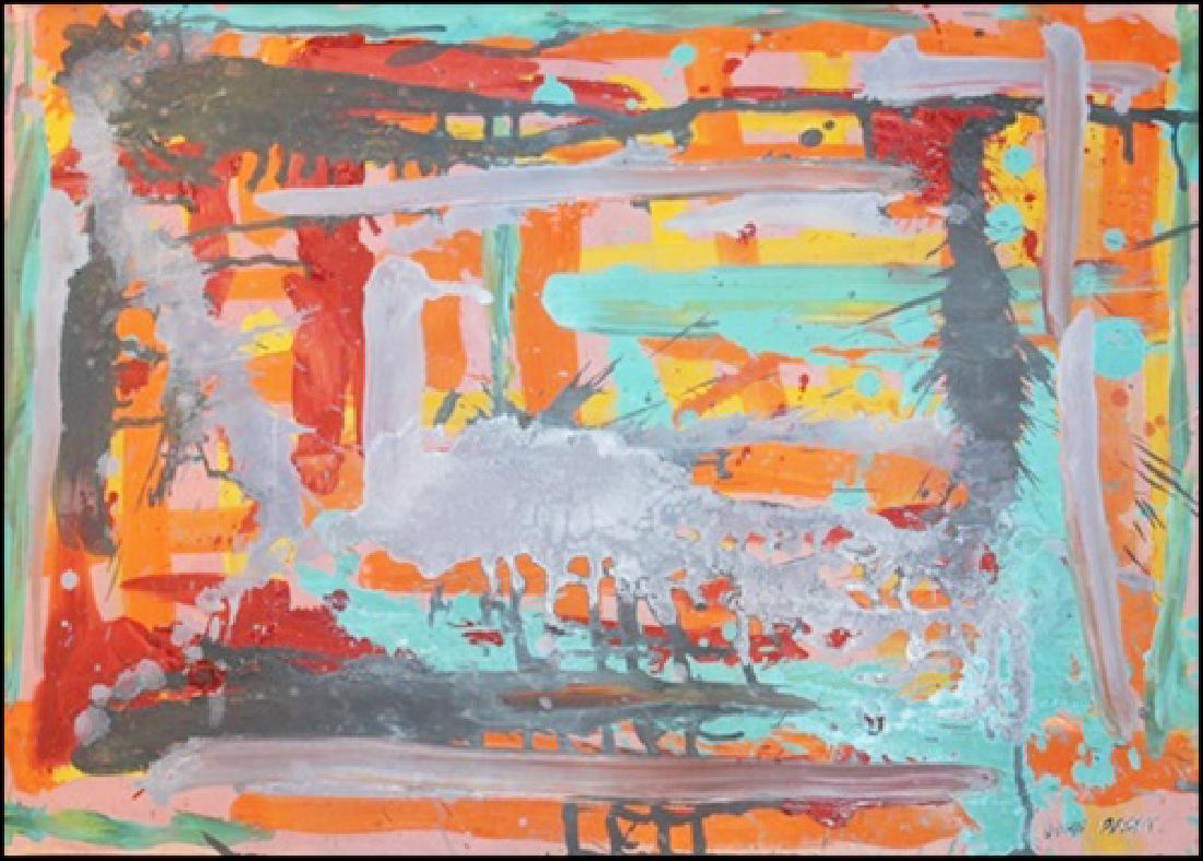 Composition - John Peart In the style of Oil On Canvas: Oil on paper in the style of John Peart, approx. 19x14 in. John Peart was an Australian contemporary artist. Peart won the Wynne Prize in 1997, the Sulman Prize in 2000, and was a finalist for the Arc