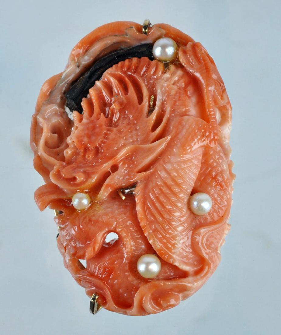 Chinese Carved Coral & Pearl Pendant (1 of 7)