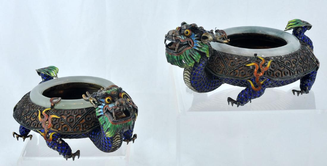 Pr. Chinese Jade, Silver, & Enamel Dragon Dishes (1 of 10)