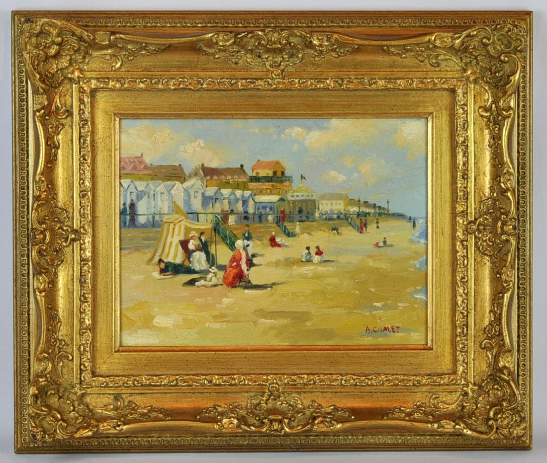 Andre Chalet "By the Sea" O/B: Andrea Chalet, France 1954. Oil on board of beach scene. 19.25" X 16.5" framed; 12" X 9" unframed. See photos for condition. In house shipping continental U.S. $45 plus insurance. The absence of a Con