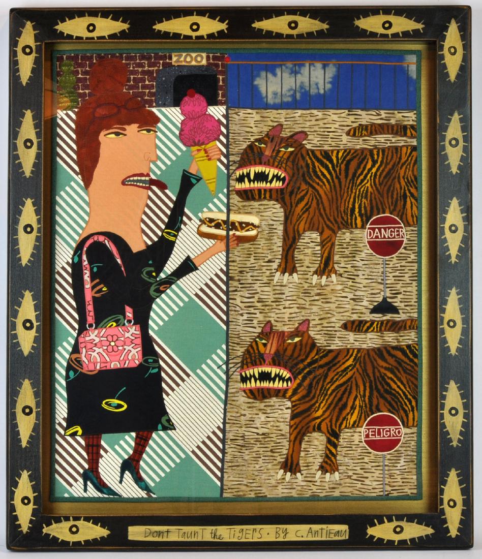 Chris Roberts-Antieau Original Fabric Art: Chris Roberts-Antieau U.S. 1950-. Unique composition combining fabrics with whimsical art in a custom painted frame, dated 2008 on verso. 28" X 23.5" framed; 23" X 18.5" unframed. See photos for condi