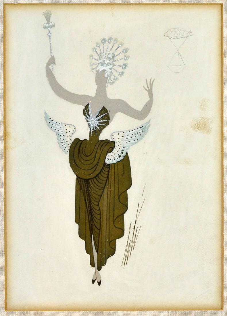 Erte-Romain de Tirtoff "Cindrillon" Gouache: Gouache on paper, titled on verso. Gallery label on back from HokinsGallery, Palm Beach, Florida. 20.25" X 15.75" framed; 14.75" X 10.25" unframed. Foxing around the matting, crease to paper bottom ri