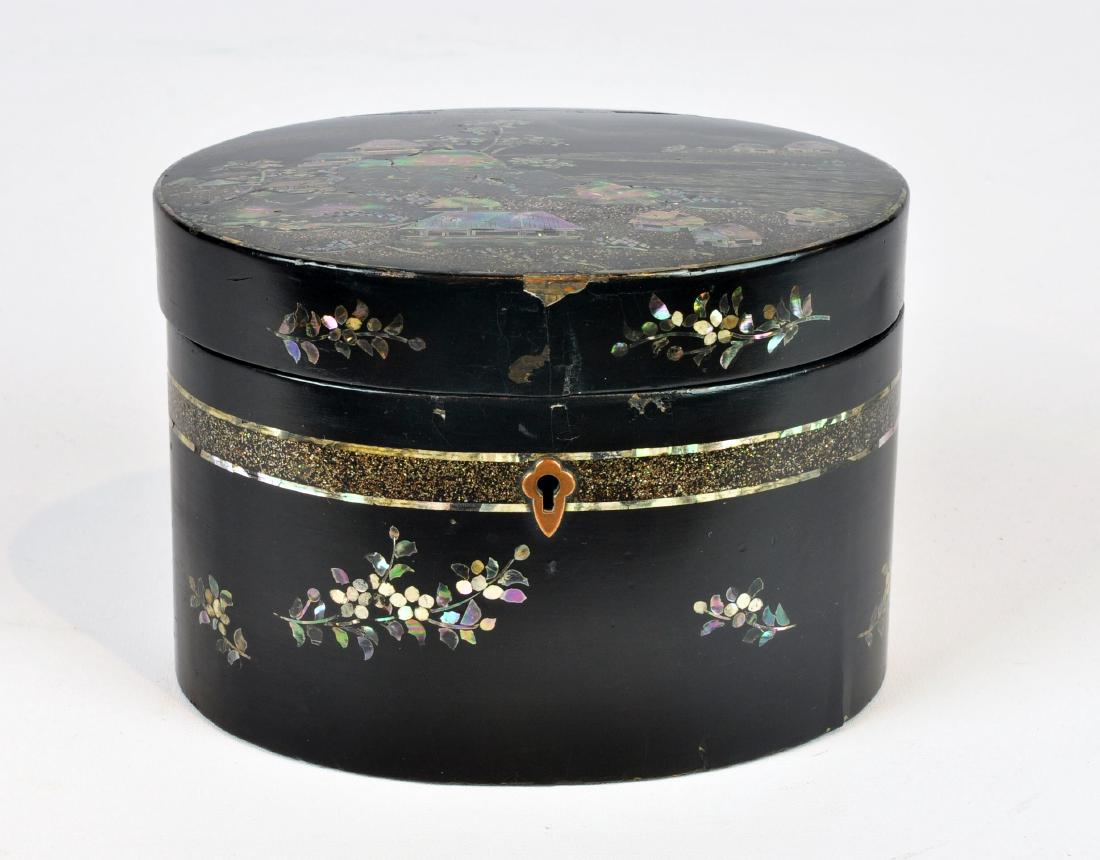 English Paper Mache Tea Caddy With MOP Inlays (1 of 9)