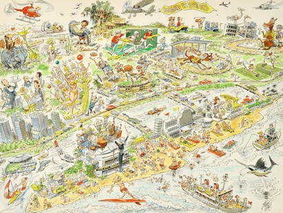 Jack Davis "Miami Is For Me" Watercolor: Jack Davis, U.S., 1924-2016. Colorful & whimical watercolor & ink on board of Miami, Florida. Signed lower right. 30 7/8" X 24 7/8" unframed; 23.75" X 17 7/78" unframed; See photos In house shipping c