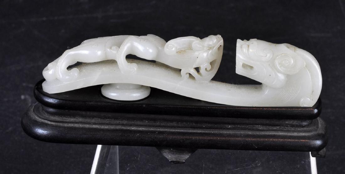 Carved Green Jade Dragon Buckle on Wood Plinth (1 of 10)