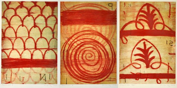 3 Robert Kelly Oil Monotype Mixed Media Pieces: Robert Kelly, U.S. 1956-. 3 pieces by Kelly inmixed media, oil monotype. Blind stamp lower left (fan). Clark Gallery, Lincoln, Massachusetts label on verso. (1) Dominion X lower left; signed & dated 1