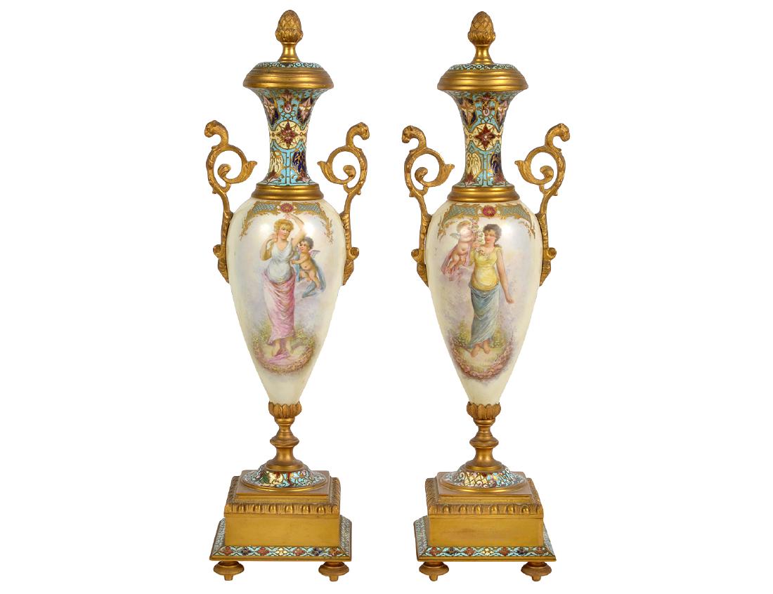 French 19th Ct Pr. Bronze Mounted Champleve Lidded Urns (1 of 8)