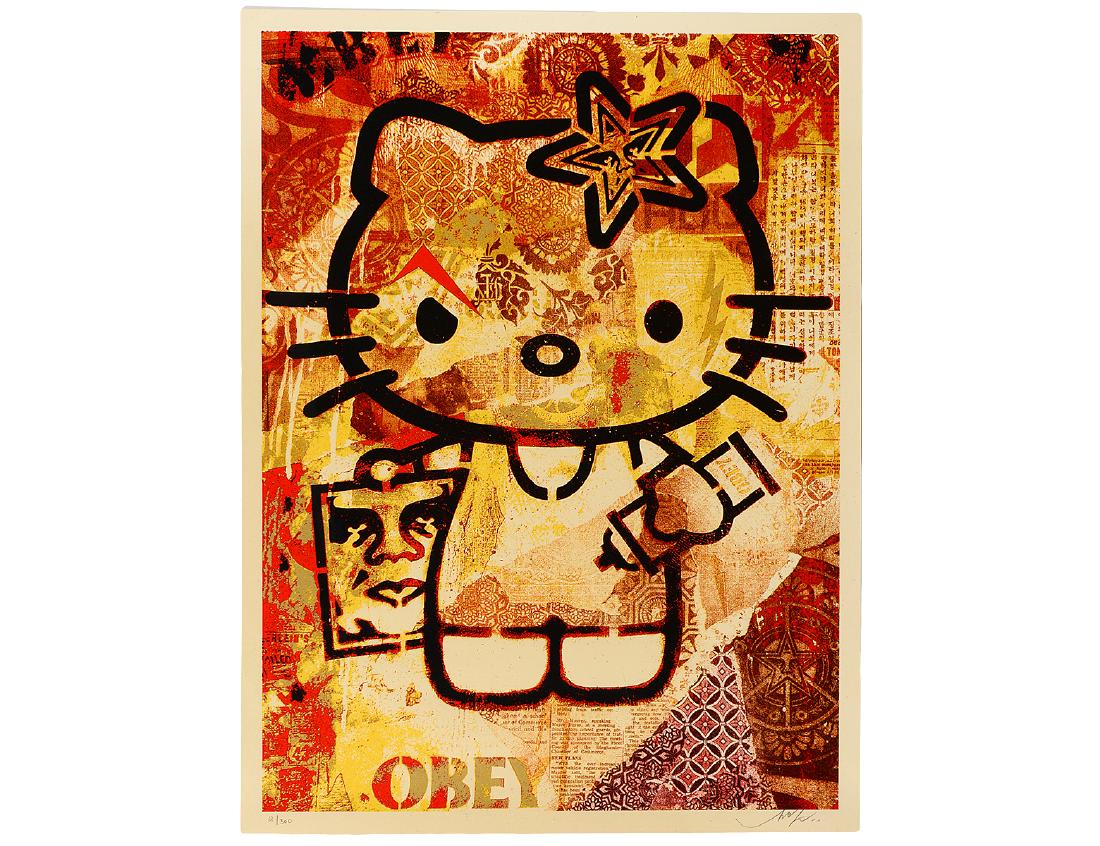 Shepard Fairey "Hello Kitty" Screen Print: Frank Shepard Fairey, American, 1970-. "Hello Kitty" red edition, published by Obey Giant, numbered 18/300. 2010. 24"H X 18"W. In house shipping continental U.S. $30 plus insurance. Examine all photos