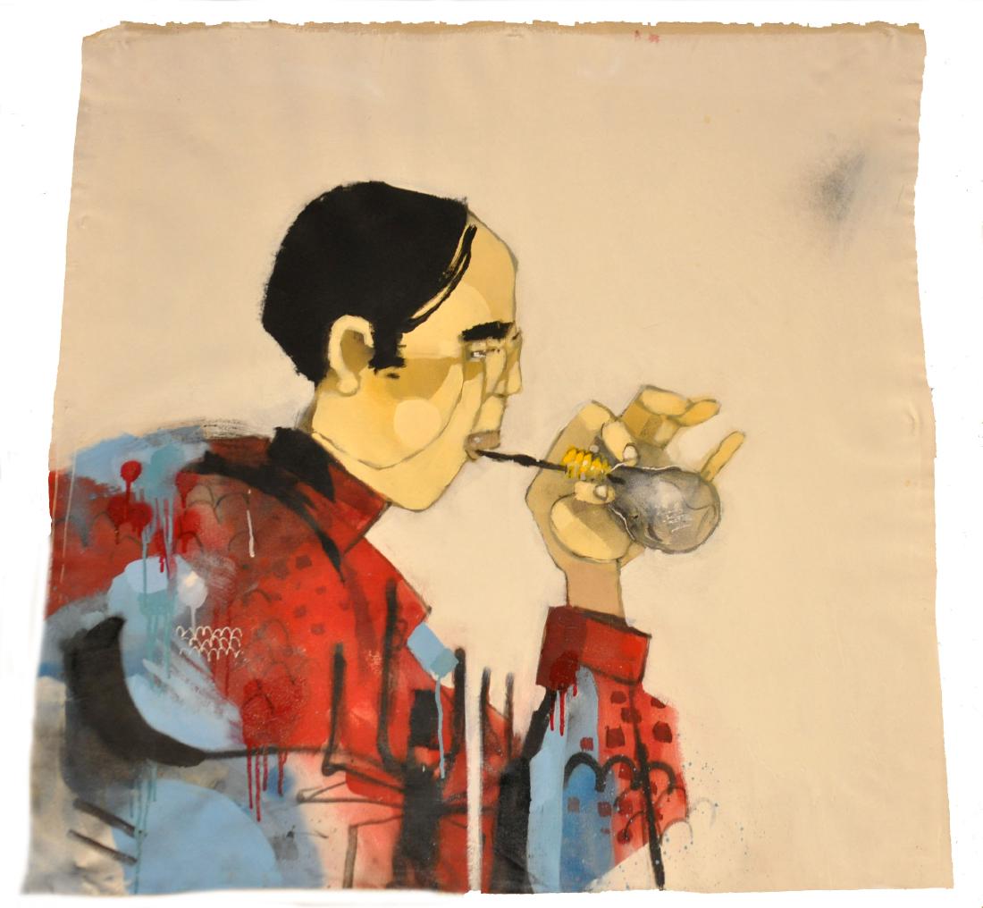 Anthony Lister "Bugs School For Smoking" Oil: Anthony Lister, Australian (B. 1979-) "Bugs School for Smoking". Oil on Canvas, 2008, signed on back. Canvas is rolled up. 35.5"H X 37"W. In house shipping continental U.S. $45 plus insurance. Examine