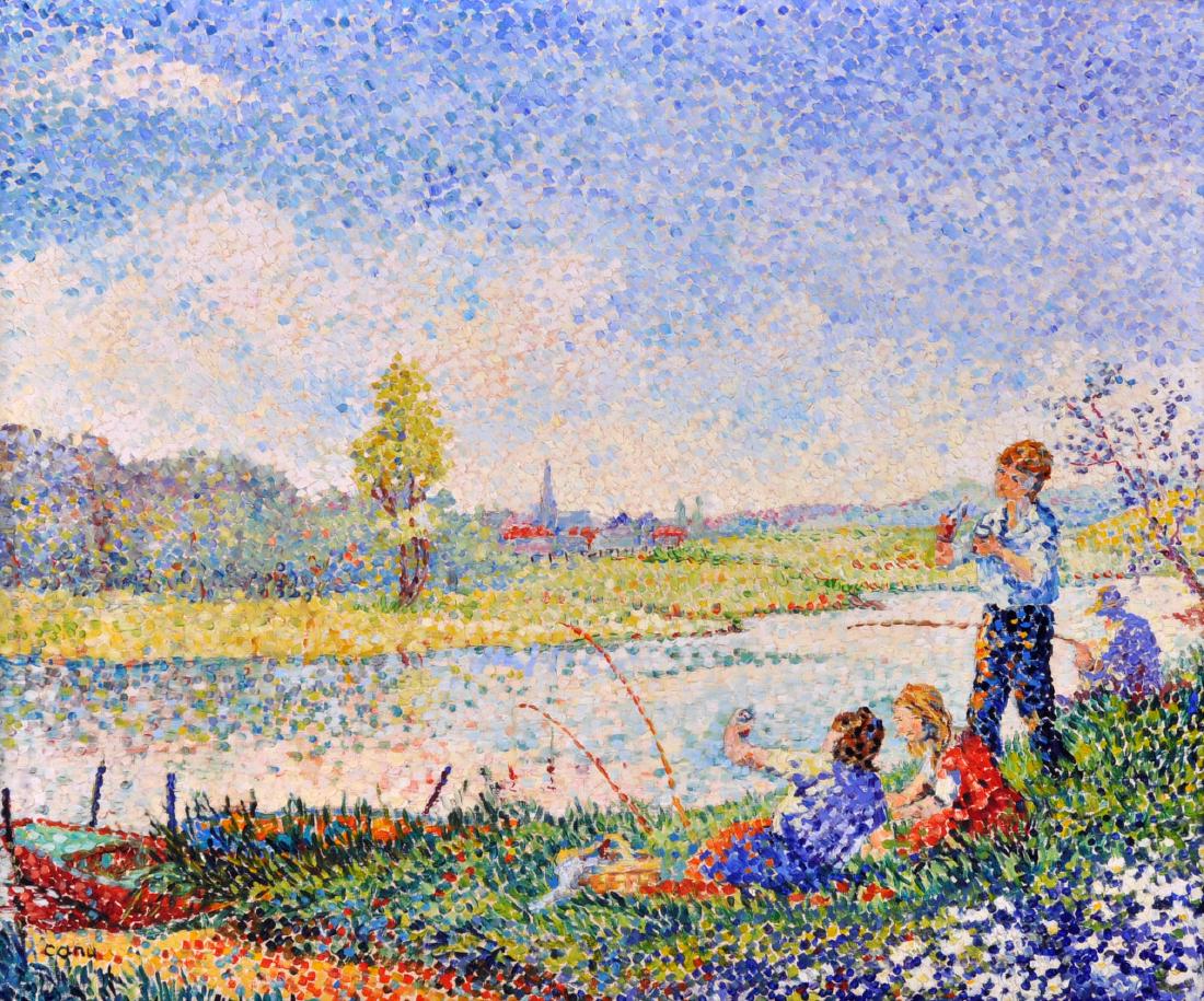 Yvonne Canu "Partie de Peche" O/C: Yvonne Canu, France (1921-2008) Pointillist painting, oil on canvas, signed lower left. Measures 26.75" X 23" framed; 18.25" X 15" unframed. Good condition, see photos. Examine all photos closely. Con