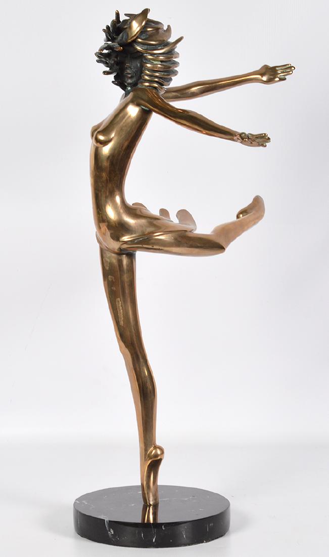 Tom & Bob Bennett Bronze Sculpture "Dancer": Tom & Bob Bennett, American (1928-2003). Mid Century Modern, Cast Bronze of a nude woman dancer, signed Tom Bennett, & numbered 55/150. Measures approximately 29.25" H x 18" L x 16" W on a 9"D black m
