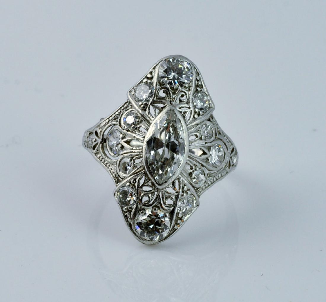 Art Deco Diamond & Platinum Filligree Navette Ring (1 of 6)