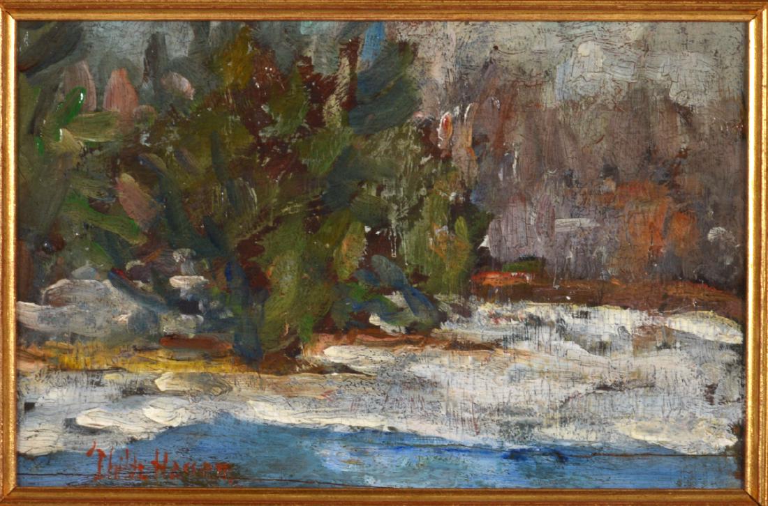 Manner of F. Childe Hassam O/P: Manner Childe Hassam, American (1859-1935). "Trees by a Riverbank". Oil on mahogany panel, signed lower left, in gilt wood frame. Measures 4.25"H x 16 5/8"L framed; 4 5/8" x 7 1/16"W unframed. Horizon