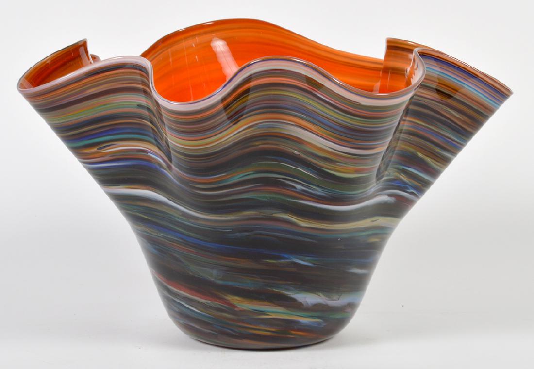 Todd Hansen "Art of Fire Bowl" 2008: Art glass bowl by Todd Hansen from the Art of Fire Series. Signed (incised) on bottom with "AOF '08". Multiple colors in linear design on outside and solid hues of orange & reds inside. Wide rippled r