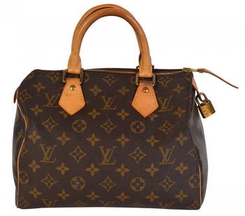 Louis Vuitton 'Speedy 25' Brown Monogram Bag: 'Speedy 25' from Louis Vuitton 2005. It is brown monogram trimmed with vachetta. It is lined in brown with a slip pocket inside. Date Code SD0065, 2005. Includes dust bag, Lock 325 (no keys). Measures