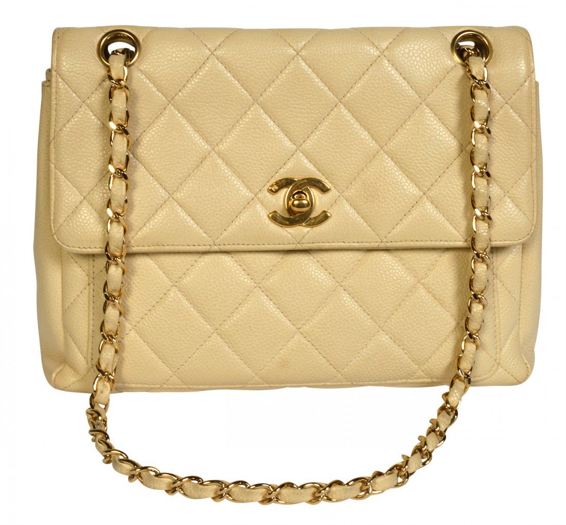Beige Colored CHANEL Caviar Leather Shoulder Bag (1 of 12)