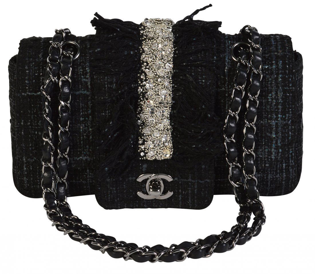 Black Tweed CHANEL Flap Shoulder Bag with Fringe (1 of 12)