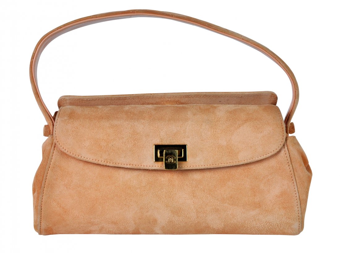 CHANEL Peach Suede Leather Handbag with CC Lock (1 of 10)