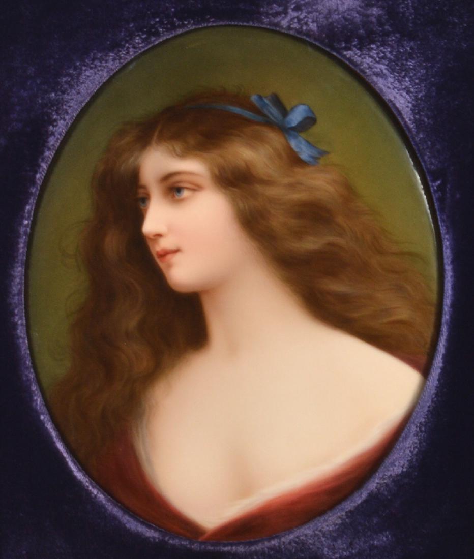 KPM Porcelain Painted Portrait of Young Woman: Berlin KPM porcelain portrait of a young woman in giltwood frame with purple velvet liner. Incised KPM & scepter on verso. Signed Wagner on side. Measures 20"H x 17.5"W framed; 10.5"H x 8.5"W unframed