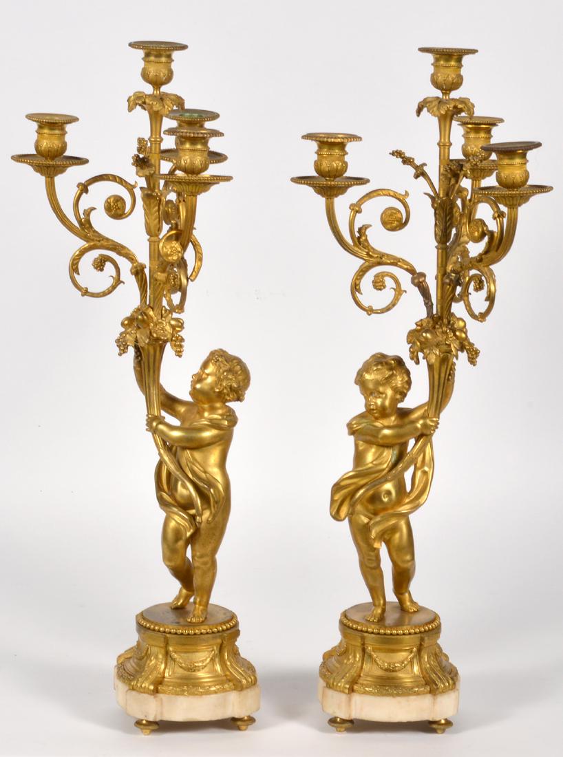 19th C Pr. French Dore Bronze & Marble 4 Arm Candelabra (1 of 14)