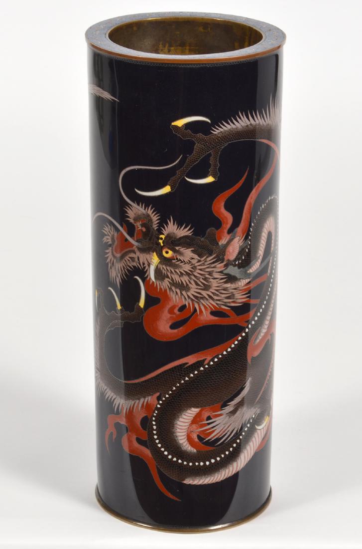 CloisonnÃ© Enameled Japanese Meiji Period Vase: Japanese cloisonne vase in the manner of Kyoto Namikawa. Meiji period. Unmarked. Dragon design in very nice detail. Condition is very good with an outward dent in one are that you can feel but not see