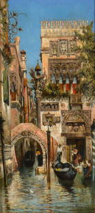 Egisto Massoni 'Venezia-Canal Dei Fuseri' O/B: Egisto Massoni, Italy (1854-1929). Oil on board, very detailed & colorful of Venice canal and buildings. Gilt carved wood frame, signed lower right. Measures 24"H x 14.5"W framed; 18"H x 8.5"W unframe