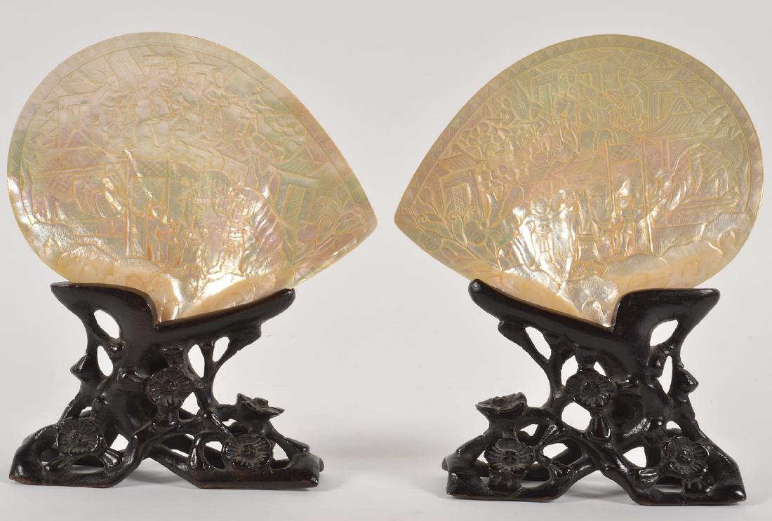 2 Chinese Mother of Pearl Carved Shells & Stands (1 of 8)