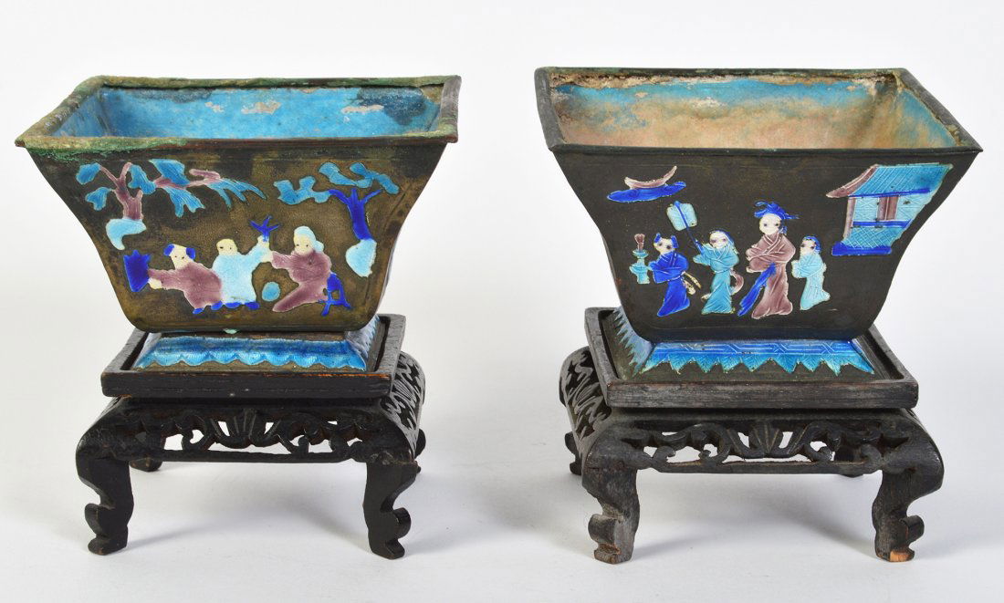 Pr. Chinese Painted Enameled Metal Planters (1 of 10)